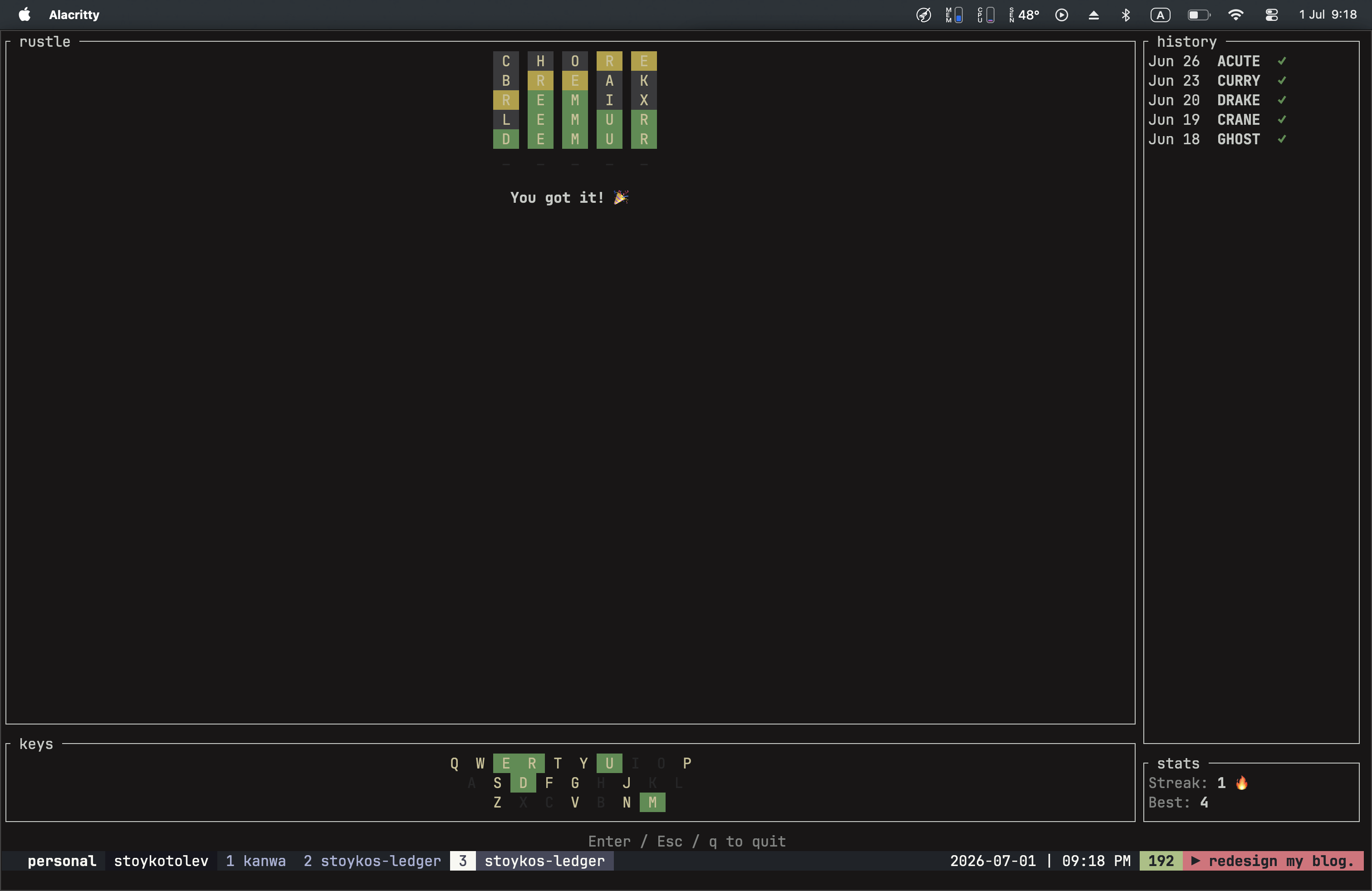 Screenshot of the Rustle Wordle TUI